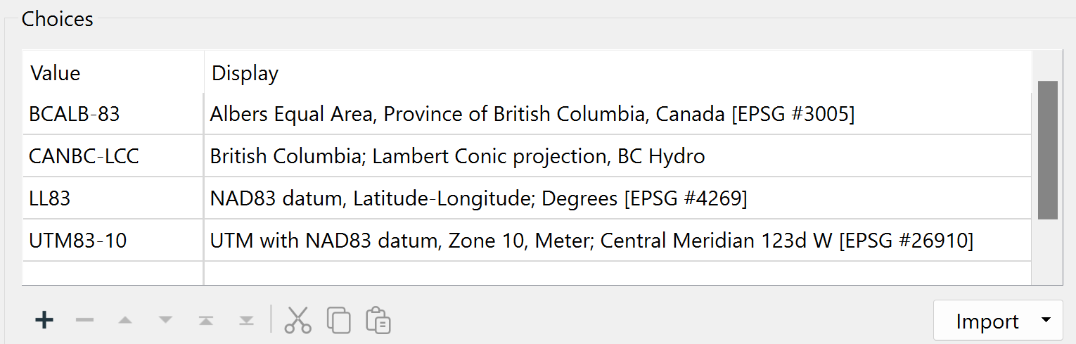 Coordinate system table filled in from Import